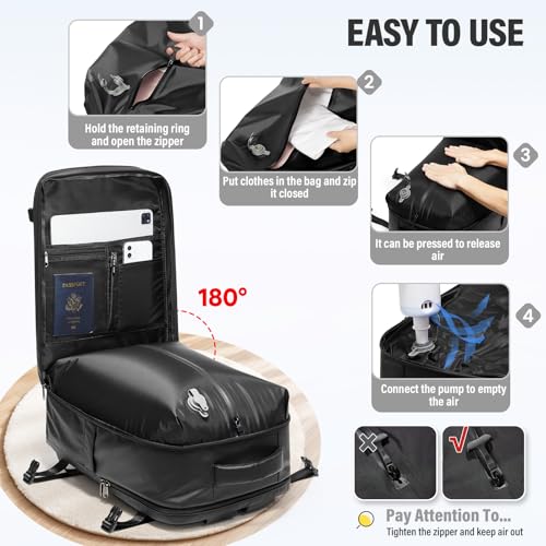 Vacuum Backpack Travel with Pump,Water Resistant Airbag Travel Backpack,Personal Item Carry on Backpacks Flight Approved 18x14x8 inches,Laptop Backpacks,Black - color: A2-black-with Pump