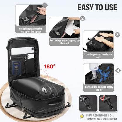 Vacuum Backpack Travel with Pump,Water Resistant Airbag Travel Backpack,Personal Item Carry on Backpacks Flight Approved 18x14x8 inches,Laptop Backpacks,Black - color: A2-black-with Pump