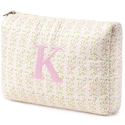 HBselect Initial Quilted Makeup Bag, Pink Cosmetic Travel Toiletry Bag, Flowers Coquette Zipper Make Up Pouch Organizer Teen Girl Gift Trendy Stuff K - color: 1Pc Medium Pinkflower, style: K
