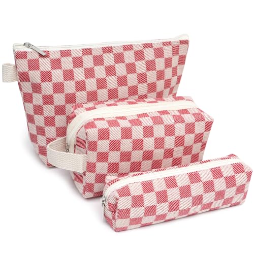 3 Pcs Canvas Makeup Bag Set Checkered Cosmetic Pouch for Women Travel Toiletry Bag Cute Makeup Organizer Purse Pouch Preppy Pencil Case with Zipper (Checkered Red) - color: Checkered Red