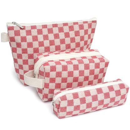 3 Pcs Canvas Makeup Bag Set Checkered Cosmetic Pouch for Women Travel Toiletry Bag Cute Makeup Organizer Purse Pouch Preppy Pencil Case with Zipper (Checkered Red) - color: Checkered Red
