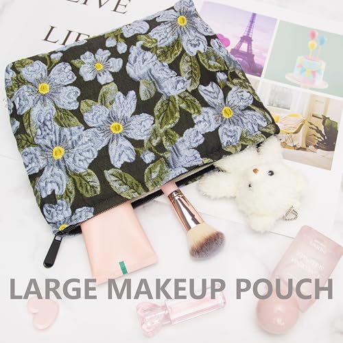 PAZIMIIK Makeup Bag Large Cotton Zipper Pouch for Purse Travel Canvas Make Up Organizer for Women Cosmetic,Brocade Flower Black - color: Brocade Flower Black