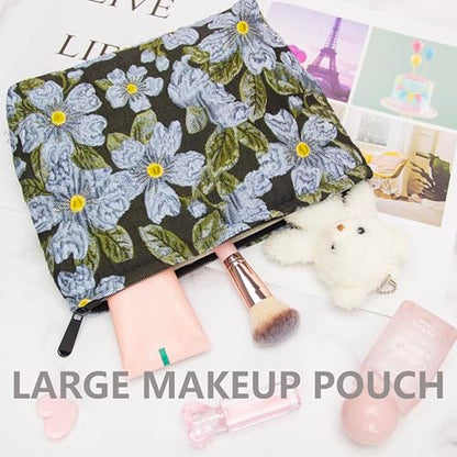 PAZIMIIK Makeup Bag Large Cotton Zipper Pouch for Purse Travel Canvas Make Up Organizer for Women Cosmetic,Brocade Flower Black - color: Brocade Flower Black