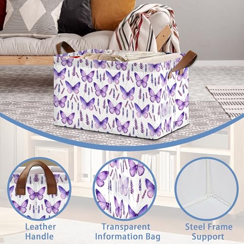 Lavender Storage Baskets,Purple Butterfly Foldable Organizer Bin with Handles for Home Living Room Bedroom Closet Box 17x11.5x10Inch - color: Lavender Purple Butterfly