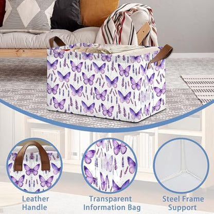 Lavender Storage Baskets,Purple Butterfly Foldable Organizer Bin with Handles for Home Living Room Bedroom Closet Box 17x11.5x10Inch - color: Lavender Purple Butterfly