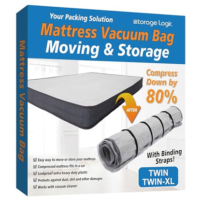 Storage Logic Foam Mattress Vacuum Bag with 4 Adjustable Packing Straps for Moving, Storage, Shipping, Vacuum Seal Mattress Bag with Packaging Straps (Twin/Twin XL) - size: Twin/Twin-XL