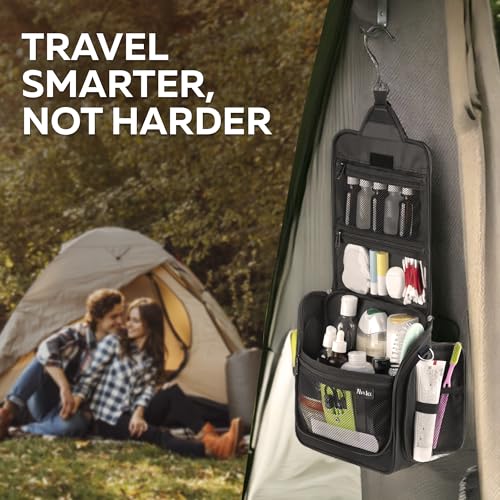 Extra Large (11.8”x11.8”x4”) Hanging Travel Toiletry Bag for Men and Women - Cosmetic Travel Bag With Shoulder Strap - Waterproof Hygiene Bag with Metal Swivel Hook and 19 Compartments for Toiletries - color: XXL Jet Black