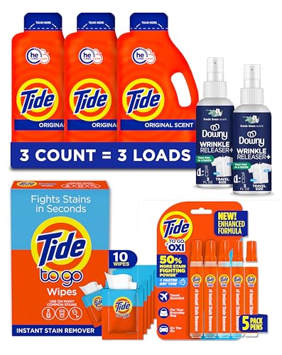 Tide Cruise Essentials Bundle - Includes Liquid Detergent, Tide Stain Remover Wipes, Stain Remover Pen & Downy Wrinkle Releaser Spray - Travel and RV Essentials Pack