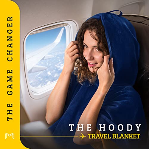 Travel Blanket Airplane Compact with Hoodie – 2in1 Airplane Travel Accessories from Plane Blanket to Travel Pillow with Luggage Strap, Soft Handle & Secure Pocket (Navy Blue, 62x41'') - color: Navy Blue, size: 62x41''