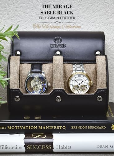2 Watch Roll Travel Case – Leather Watch Holder Case for Travel - Black Full Grain Cow Leather (Beige Interior) - color: Saffiano Real Leather/2 watches roll