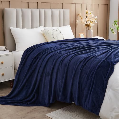 NEWCOSPLAY Super Soft Twin Blanket Dark Navy Premium Silky Flannel Fleece Leaves Pattern Lightweight Bed Blanket All Season Use (Dark Navy, Twin(60"x80")) - color: Dark Navy, size: Twin(60"x80")