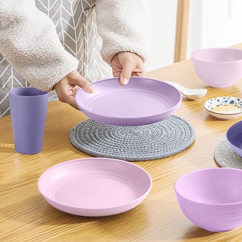 Teivio 32-Piece Kitchen Plastic Wheat Straw Dinnerware Set, Service for 8, Dinner Plates, Dessert Plate, Cereal Bowls, Cups, Unbreakable Colorful Plastic Outdoor Camping Dishes, Purple Ombre - color: Purple Ombre