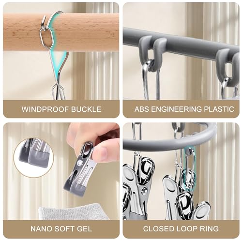 PHYDELU Drying Rack Clothing with 20 Clips，Sock Hanger for Drying，Hanging Clothes Dryer Underwear Hangers Racks Laundry Herb Socks Panty Wet Bra Lingerie Baby Delicates Foldable Small Indoor Metal - color: Dark Gray (20 Clips)