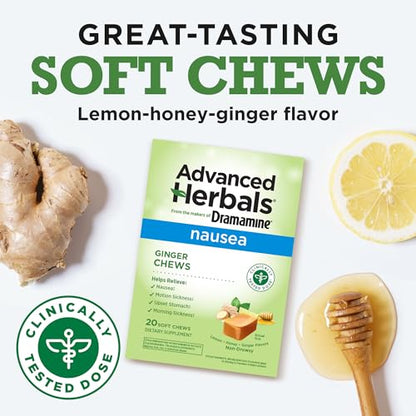 From the Makers of Dramamine, Advanced Herbals Ginger Chews for Nausea Relief, Morning Sickness Relief & Motion Sickness Relief During Travel, Lemon-Honey, 20 Count - size: 20 Count (Pack of 1)