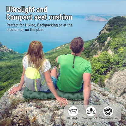 Inflatable Seat Cushion, Lightweight Stadium Seat Pad, Travel Air seat Cushion Anti-Slip for Airplane, Hiking, Climbing, Home and Camping,Olive Green