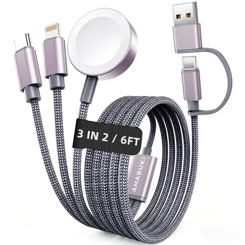 Travel Essentials,3 in 2 USB C Cable for Apple Watch Charger,iPhone Charger,Multi Charging Cable,Cruise Vacation Camping Essentials for iWatch Series 11-2/Ultra,iPhone 17-12,Car Accessories,Grey-6FT - color: Grey, size: 1pack-6ft