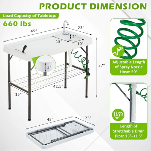 Folding Fish Cleaning Table with Collapsible Bucket, Portable Outdoor Fillet Station Camping Sink Table with Faucet, Drainage Hose & Sprayer, Grid Rack, Knife Groove for Picnic Fishing