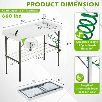 Folding Fish Cleaning Table with Collapsible Bucket, Portable Outdoor Fillet Station Camping Sink Table with Faucet, Drainage Hose & Sprayer, Grid Rack, Knife Groove for Picnic Fishing