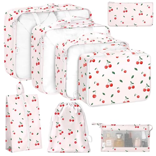 KPX 8 Set Packing Cubes for Travel, Luggage Packing Organizers Accessories Large Toiletries Bag for Clothes Shoes Cosmetics (Cherry) - color: Cherry