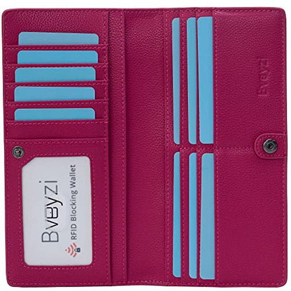 Bveyzi Ultra Slim Thin Leather RFID Blocking Credit Card Holder Bifold Clutch Wallets for Women - color: Hot Pink