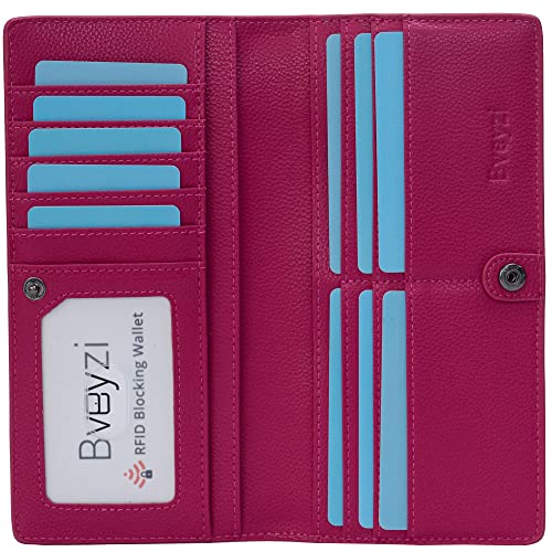 Bveyzi Ultra Slim Thin Leather RFID Blocking Credit Card Holder Bifold Clutch Wallets for Women - color: Hot Pink