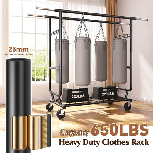 Raybee Clothes Rack Load 650LBS Heavy Duty Clothing Rack, Collapsible Clothes Racks for Hanging Clothes with Adjustable Height & Double Rods, Commercial Garment Rack with Wheels, Easy Assembly, Black - color: Black