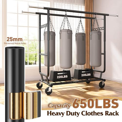 Raybee Clothes Rack Load 650LBS Heavy Duty Clothing Rack, Collapsible Clothes Racks for Hanging Clothes with Adjustable Height & Double Rods, Commercial Garment Rack with Wheels, Easy Assembly, Black - color: Black