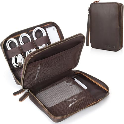 Polare Full Grain Leather Travel Cable Organizer Case Double Layer Electronics Accessories Carry Bag with YKK Zippers Tech Storage Bag for Cables, Power Bank, USB, SD Card