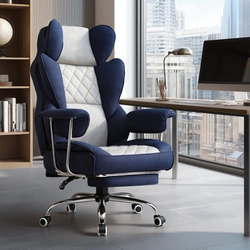GTPLAYER Gaming Chair,Office Chair with Pocket Spring Lumbar Support, Ergonomic Comfortable Wide Office Desk Computer Chair with Outward Fixed Soft Armrests and Footrest (Fabric, Dark Blue & White) - color: Dark Blue White
