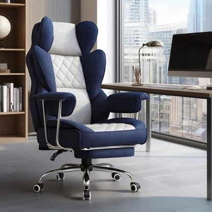 GTPLAYER Gaming Chair,Office Chair with Pocket Spring Lumbar Support, Ergonomic Comfortable Wide Office Desk Computer Chair with Outward Fixed Soft Armrests and Footrest (Fabric, Dark Blue & White) - color: Dark Blue White