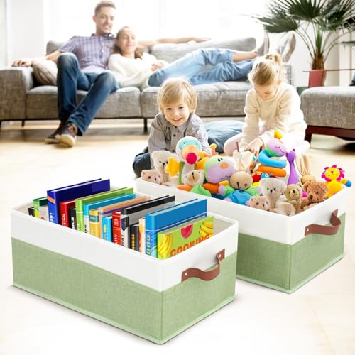 3 Pack Large Capacity Storage Bins Closet Organizer for Shelves, Fabric Closet Storage Baskets Boxes with Leather Handles for Organizing Clothes, Sheets, Jeans, Toys, Books (Green) - style: 3 Pack Green & White