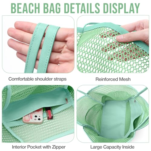 KPX Beach Bag with Mini Pocket, Summer Beach Tote Bags for Women Large Foldable Mesh Swimming Pool Travel Bags - Sandproof - color: Mint