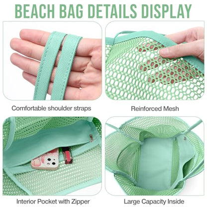 KPX Beach Bag with Mini Pocket, Summer Beach Tote Bags for Women Large Foldable Mesh Swimming Pool Travel Bags - Sandproof - color: Mint