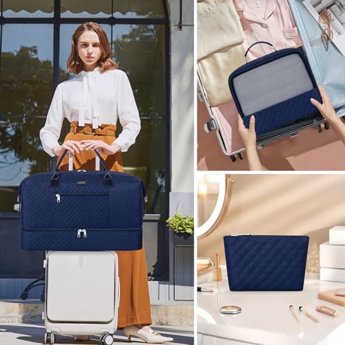 ITIEZY Weekender Overnight Bag for Women - Large Travel Duffel Bag with Shoe Compartment, Gym Duffel Bag Hospital Bag Carry On Tote Bags for Airplanes with Crossbody Bag Toiletry Bag 3Pcs Set - color: 9a-Blue