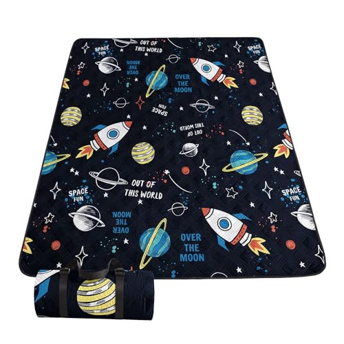 Outdoor Picnic Blanket Portable Ultrasonic Waterproof Picnic Mat Space Planet Rocket Printed Camping Beach Mat for Sand and Wet Grass Hiking (Space Planet Rocket S) - color: Space Planet Rocket, size: Standard - 59"x78"