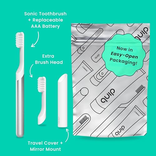 Quip Sonic Toothbrush for Adults with Timer - Includes Extra Brush Head and Travel Cover Mount - Electric, Soft Bristle Refill Head, Metal Handle, 3 Month Battery Life - Travel Toothbrush - Silver - color: Silver