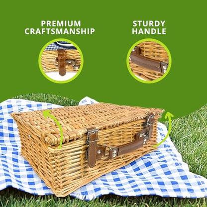 Nature Gear Picnic Basket, Wicker Basket with Handle for Outdoors, Insulated Woven Basket, Includes a Service Kit of Dinnerware & Wine Glasses, Picnic Basket Set for 4, Blue & White - color: Blue & White