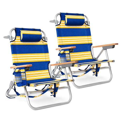 2 Pack Backpack Beach Chairs for Adults Capacity 300 LBS Low 5 Position Beach Chair with Pouch Straps Folding Lightweight Reclining Aluminum Wide Lay Flat Single - color: 10in Wood Yellow Blue Stripes 2 Pack