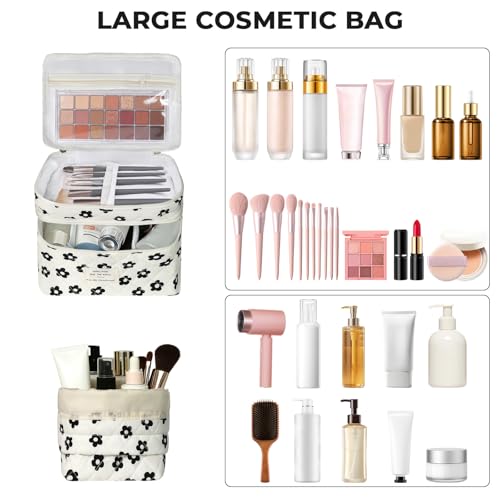 Gosect Makeup Bag, Quilted Cosmetic Bag Set, Drawstring Makeup Bag with Canvas Lining, Large Floral Toiletry Bag for Women Girls, Cute Cotton Flower Travel Organizer Bag (Black Flower - color: Black Pattern