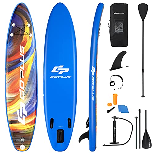 Goplus Inflatable Stand up Paddle Board, 10'/10.5'/11' SUP 6" Thick with Premium Accessories, Adjustable Aluminum Paddle, Leash, Carry Bag, Hand Pump, Removable Fin, ISUP for Adults - size: 11 FT, style: Multicolour