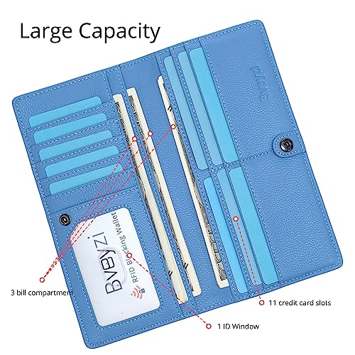 Bveyzi Ultra Slim Thin Leather RFID Blocking Credit Card Holder Bifold Clutch Wallets for Women - color: Blue