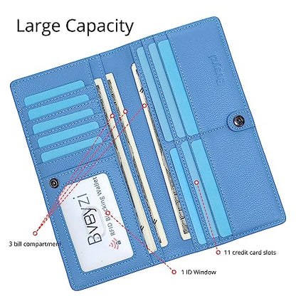 Bveyzi Ultra Slim Thin Leather RFID Blocking Credit Card Holder Bifold Clutch Wallets for Women - color: Blue
