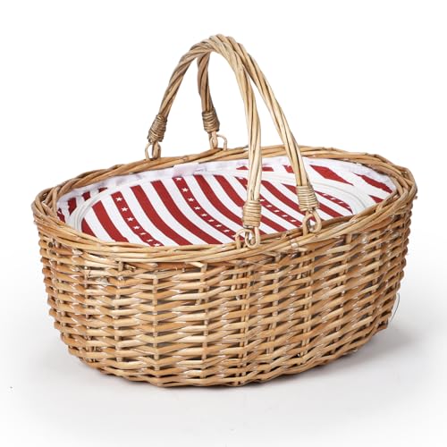 Wicker Picnic Basket with Insulated Lined Bag 15“ x 11” x 7“ Red, White Star Stripe Pattern, Iced Beer Insulated Bag for Camping, Picnics, Birthday Gifts, Wedding Gifts - color: Classic Red & White Stripes