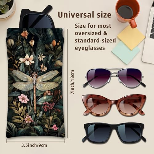 Eyeglasses Sunglasses Case PU Soft Squeeze Top Glasses Pouch for Women Men,Animal Pattern Portable Anti Scratch - color: Brown-dragonfly