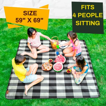 PortableAnd Picnic Blankets, 3 Layer Soft Fleece Blanket for Beach,Camping on Grass, Waterproof, Sandproof, Best Gift for Couple & Families, Black and Gray Checkered - color: Gray & Black Checkerd
