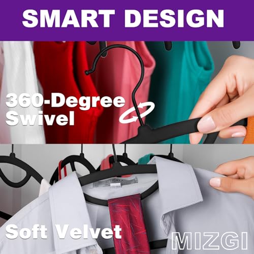 MIZGI Premium Velvet Hangers 50-Pack,No Shoulder Bump Hangers W/Tie Bar Ultra Thin Space Saving Non Slip Hanger Heavy Duty Felt Rounded Clothes Hanger for Sweaters,Coat,Jackets,Pants,Shirts - color: Black/Black Hook, size: 50 Pack
