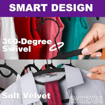 MIZGI Premium Velvet Hangers 50-Pack,No Shoulder Bump Hangers W/Tie Bar Ultra Thin Space Saving Non Slip Hanger Heavy Duty Felt Rounded Clothes Hanger for Sweaters,Coat,Jackets,Pants,Shirts - color: Black/Black Hook