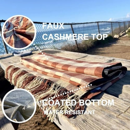 Picnic Blanket Extra Large Waterproof with Strap 59"x79" - Machine Washable Tassels Faux Wool Cashmere for Park, Grass, Camping, Hiking, Concerts (Latte with white shoulder strap, 59"X79") - color: Latte With White Shoulder Strap
