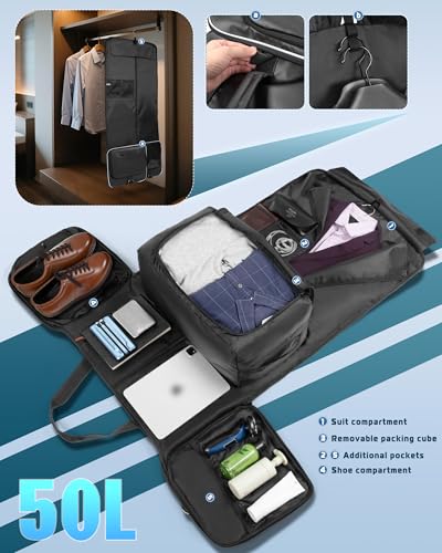 Smasrob 50L Convertible Garment Duffle Bag Backpack with Inner Removable Bag and Shoe Compartment, Travel Suit Bag for Business or Wedding Trips, Black