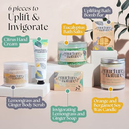 Nurture by Nature RELAX & UPLIFT Spa Kit for Women – Birthday Gifts for Women – 6 Piece Gift Basket with Hand Soap, Body Scrub, Hand Cream & More - Vegan Self Care Kit - Relaxation Gifts for Her